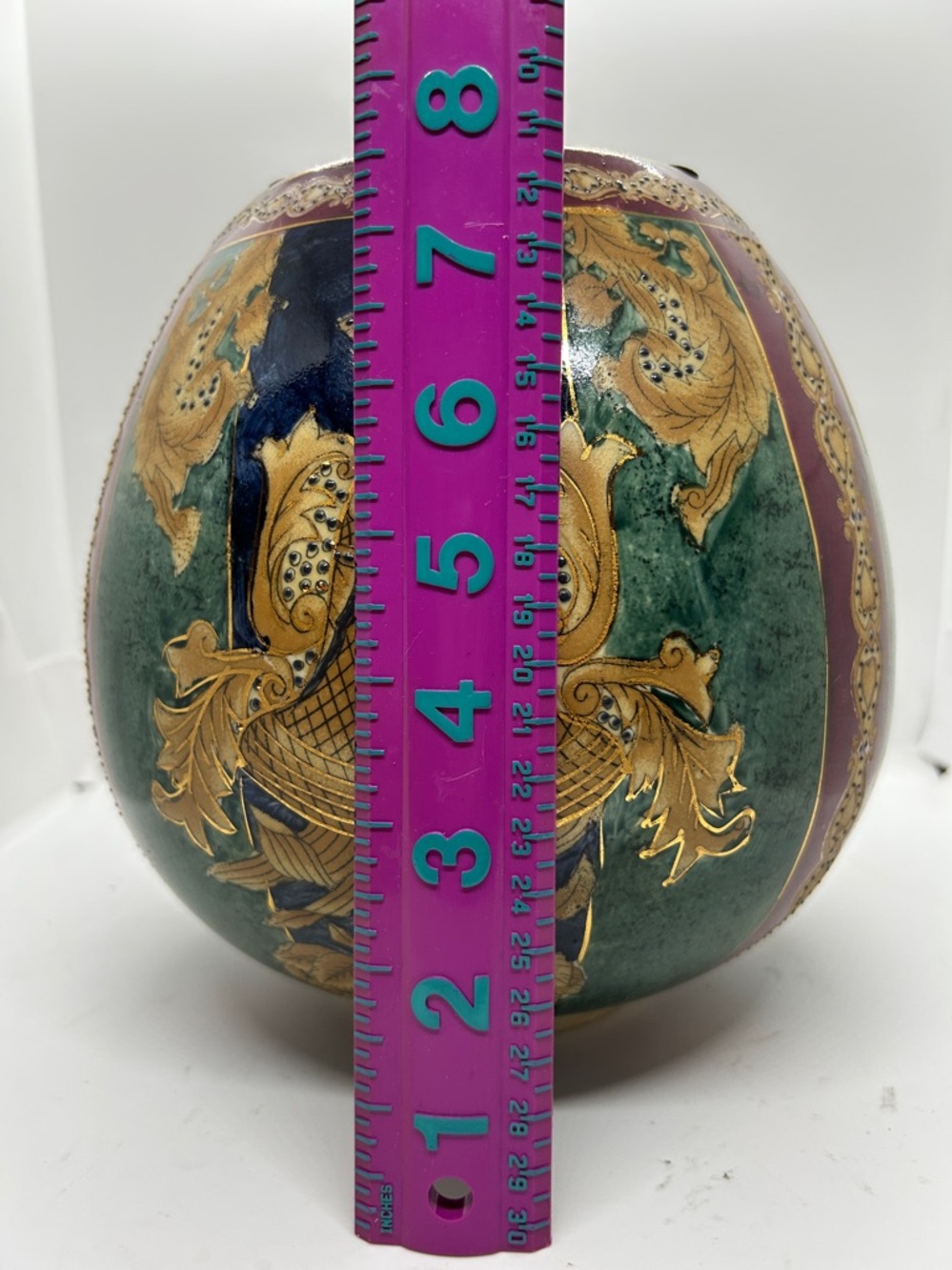 Vintage Decorative Floral Globe Vase in Green, Navy & Gold - Picture 9 of 11